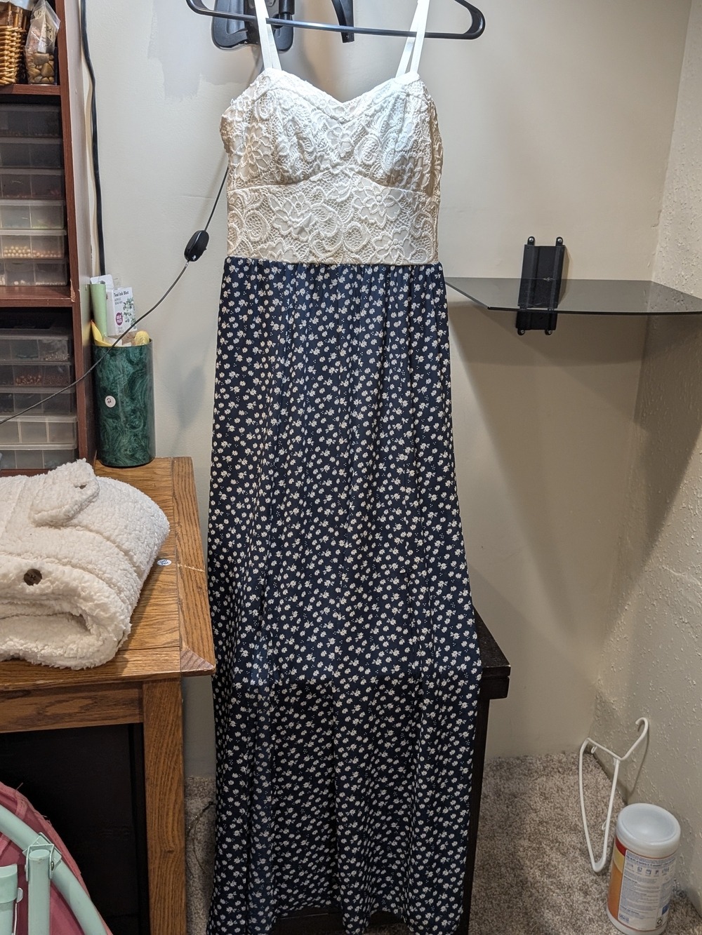 Candie's Ivory Lace Bodice Navy Floral Maxi Dress